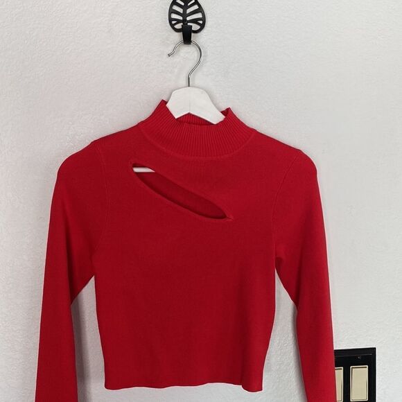 Red Knit Mock Neck Long Sleeve Top - Picture 2 of 5